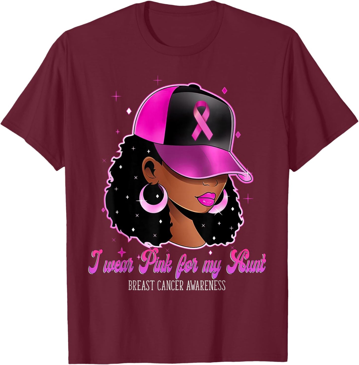 I Wear Pink For My Aunt Breast Cancer Awareness Afro Girl T-Shirt - T-Shirt | Maroon