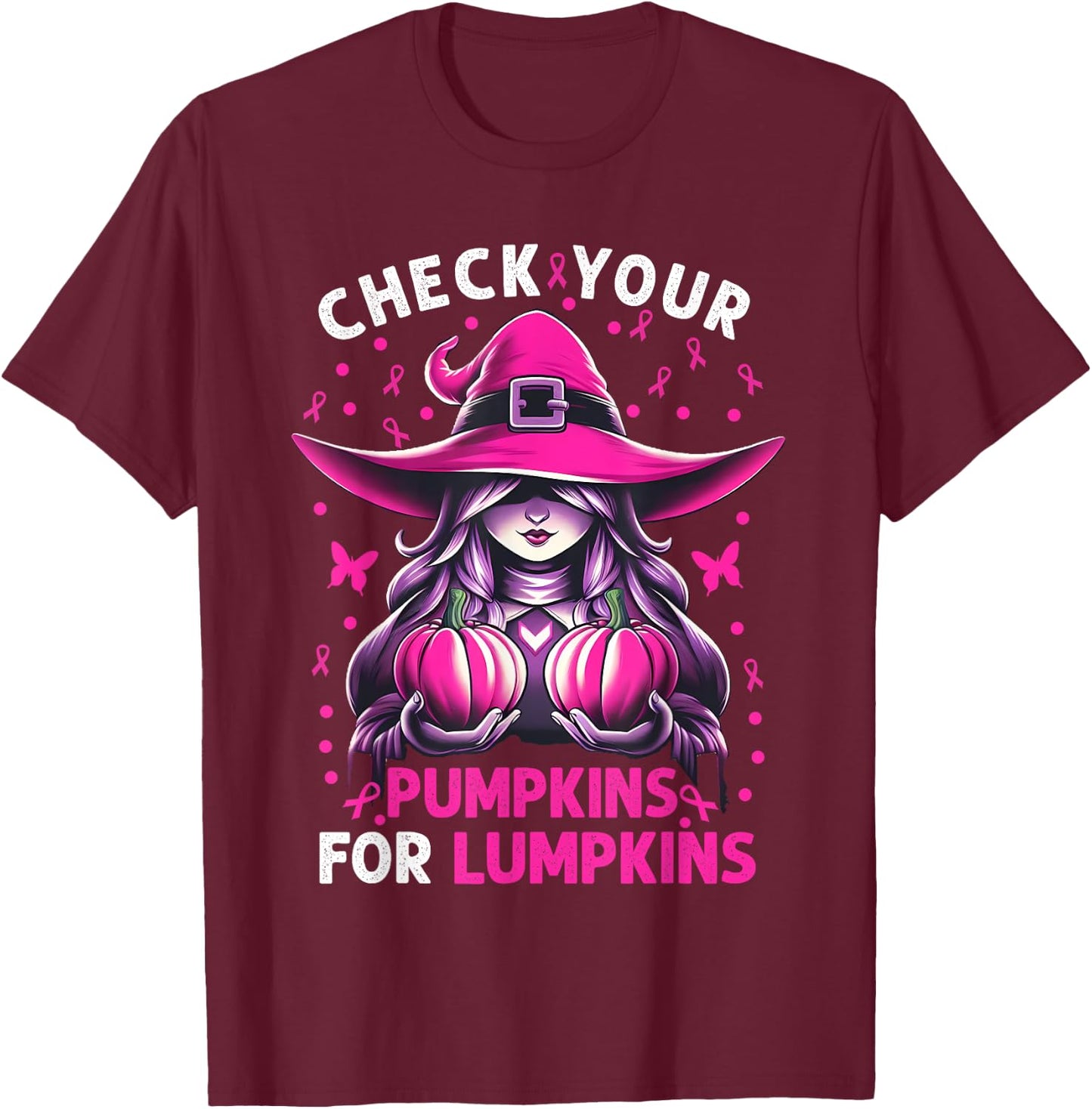 Breast Cancer Witch Check Your Pumpkins For Lumpkins T-Shirt - T-Shirt | Maroon
