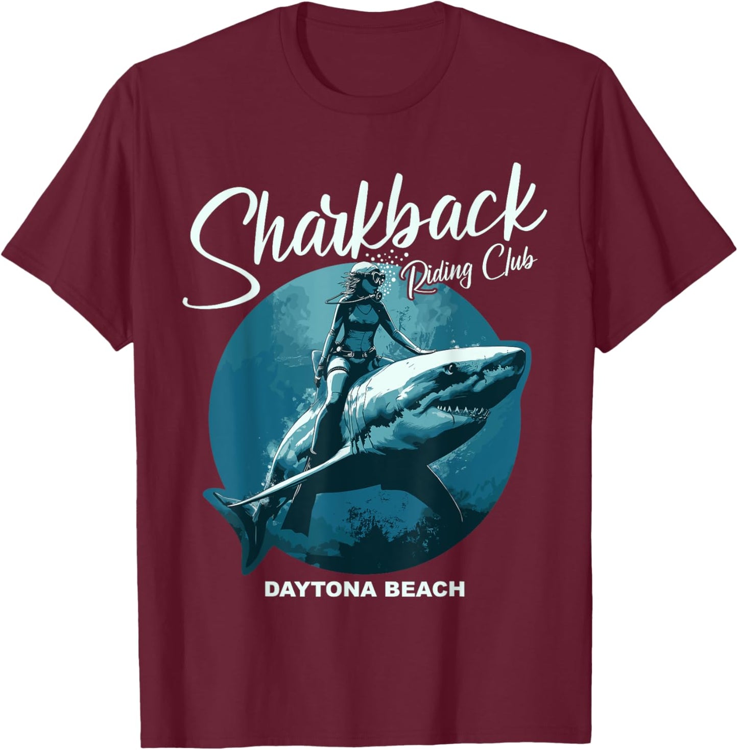Sharkback Riding Daytona Beach Funny Shark T-Shirt - T-Shirt | Maroon