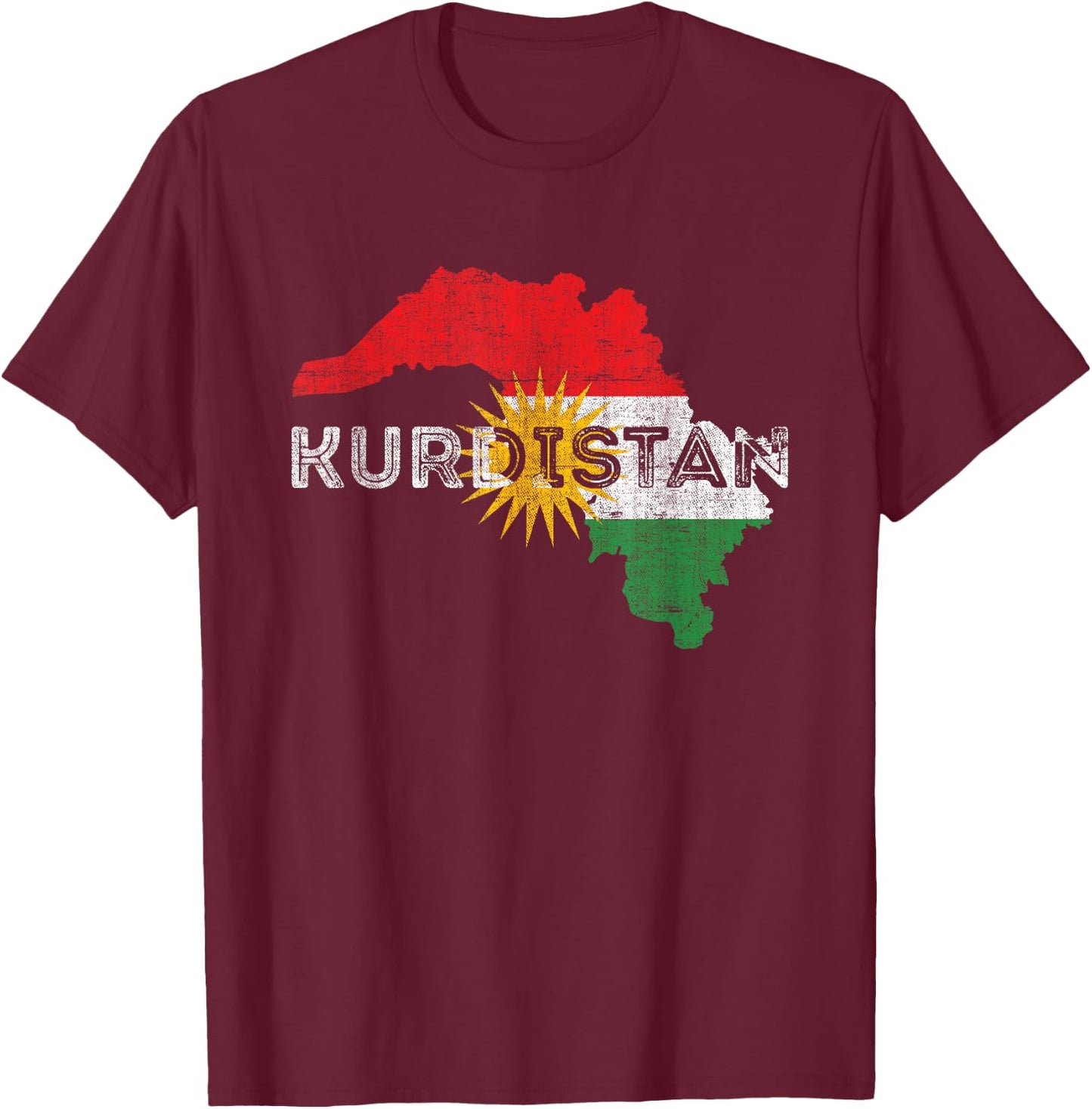 Kurdish Map and Flag Souvenir - Distressed Kurdistan T-Shirt - T-Shirt | Maroon