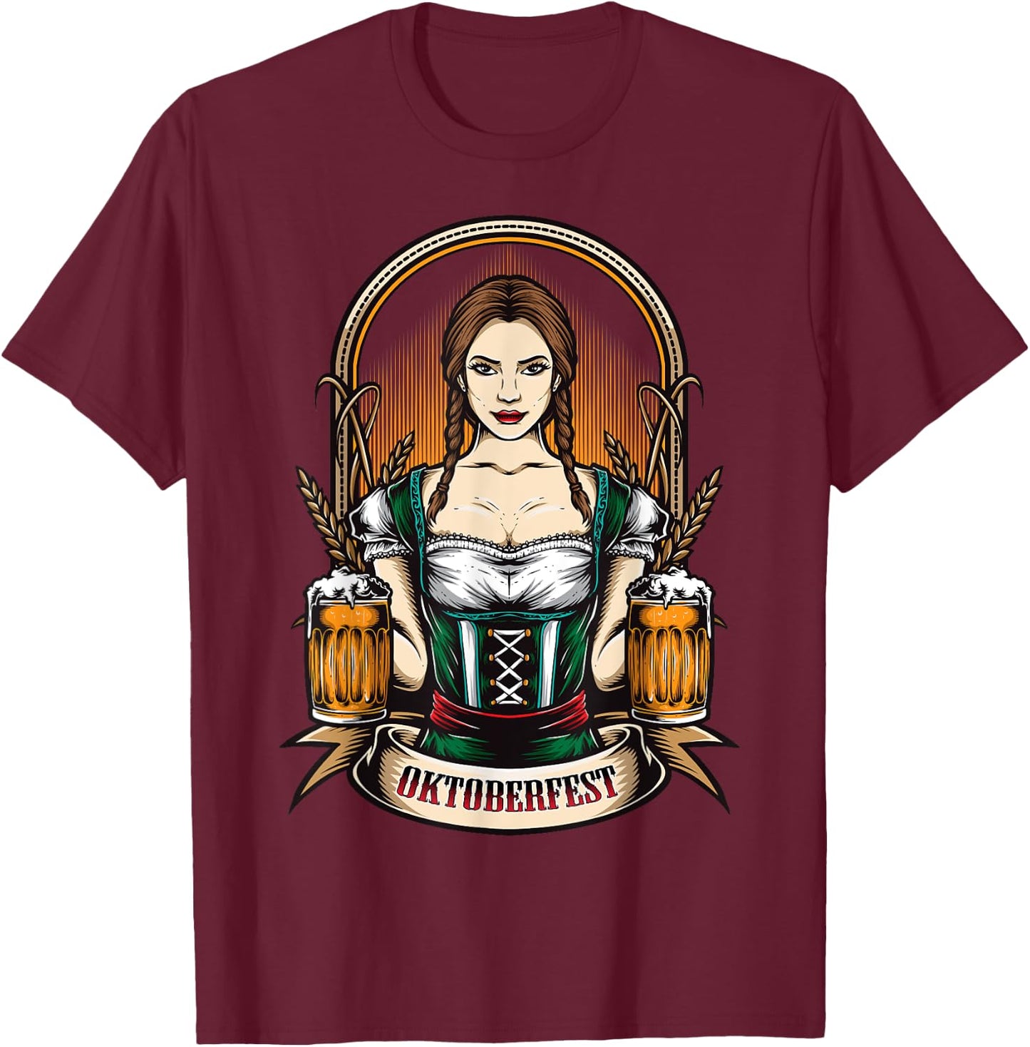 Oktoberfest Woman Wearing a Dirndl Dress Beer Outfit T-Shirt - T-Shirt | Maroon