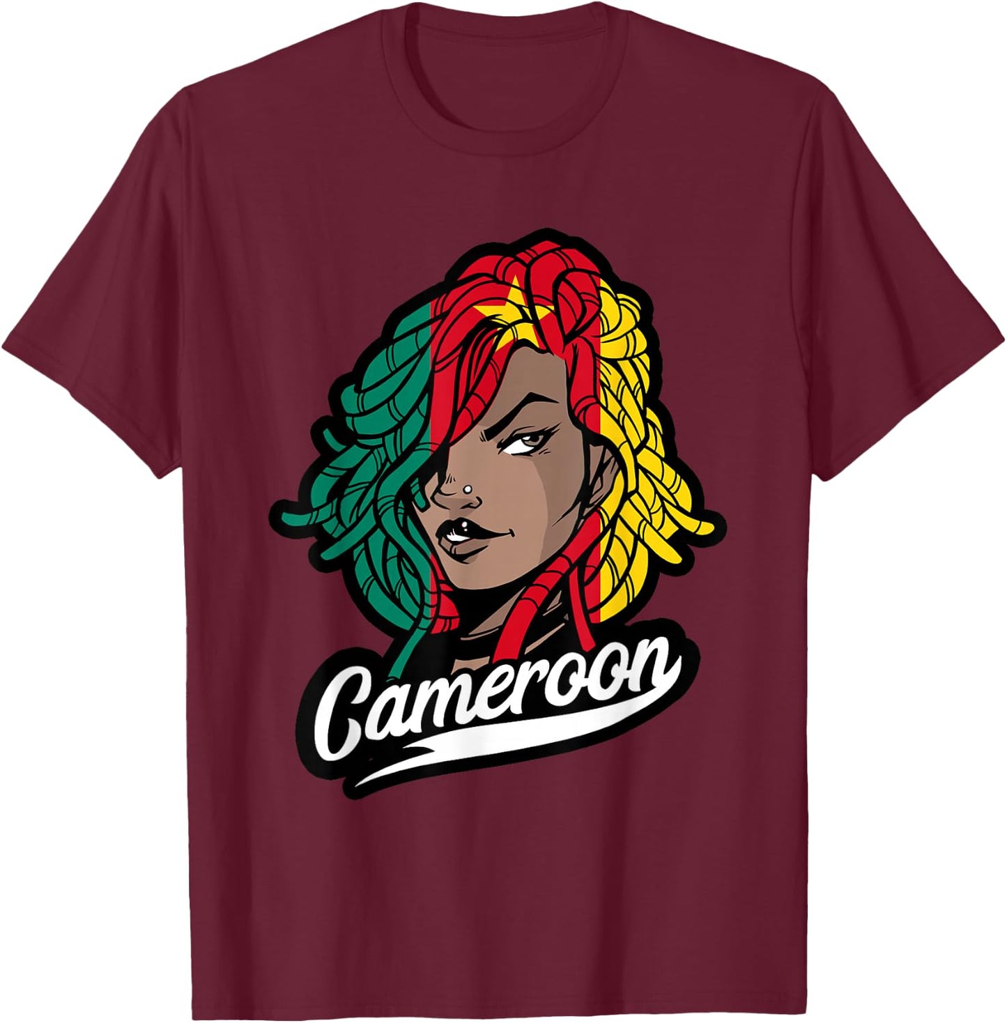 Cameroon Girl Dreadlocks Cameroonian Flag Cameroonian Roots T-Shirt - T-Shirt | Maroon