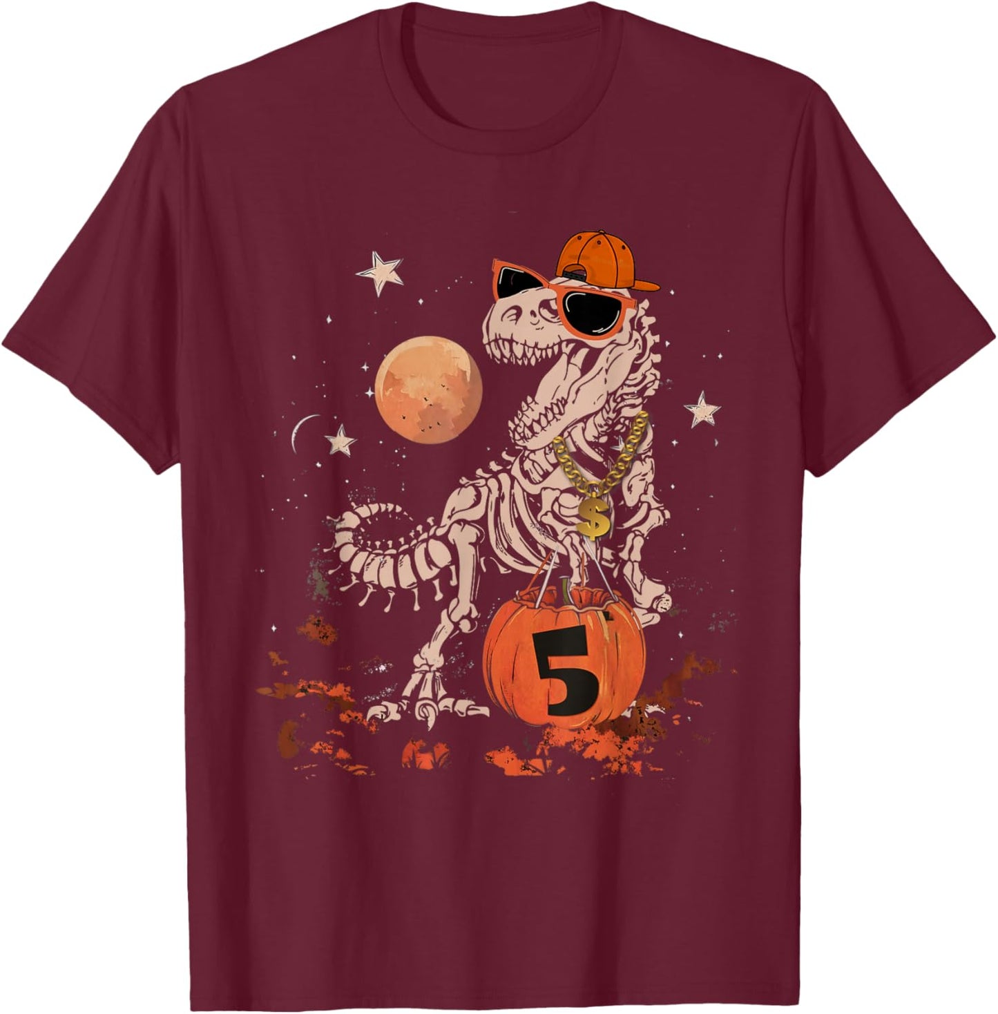 Birthday Halloween 5th Dinosaur Skeleton T-REX Scary Boy Kid T-Shirt - T-Shirt | Maroon