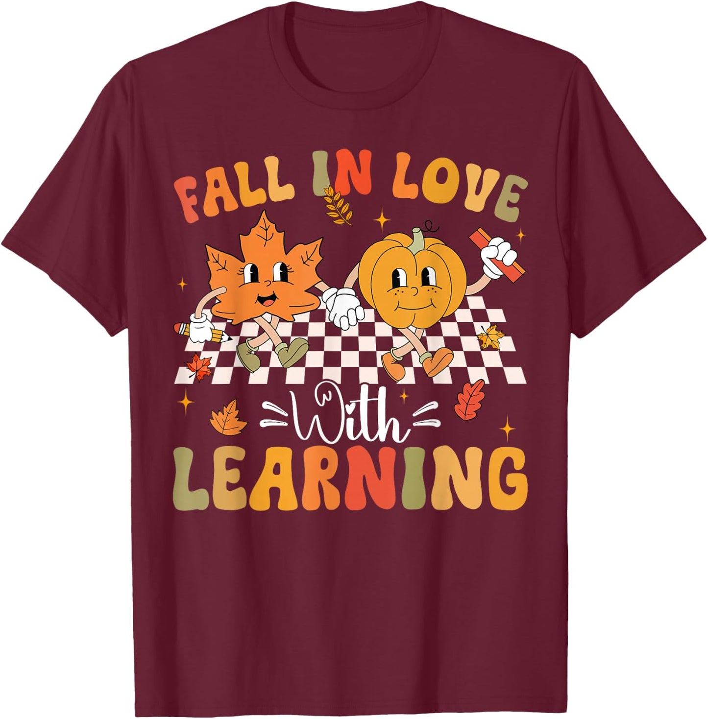 Retro Fall In Love With Learning Autumn Pumpkin Teacher T-Shirt - T-Shirt | Maroon