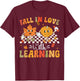 Retro Fall In Love With Learning Autumn Pumpkin Teacher T-Shirt - T-Shirt | Maroon