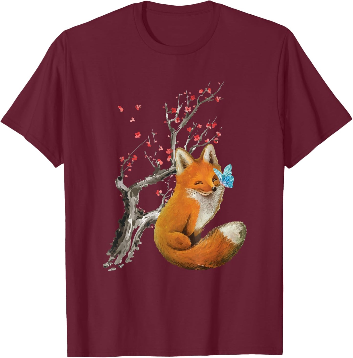 Vintage Fox - Japanese Cherry Blossom - Sakura - Anime Gift T-Shirt - T-Shirt | Maroon