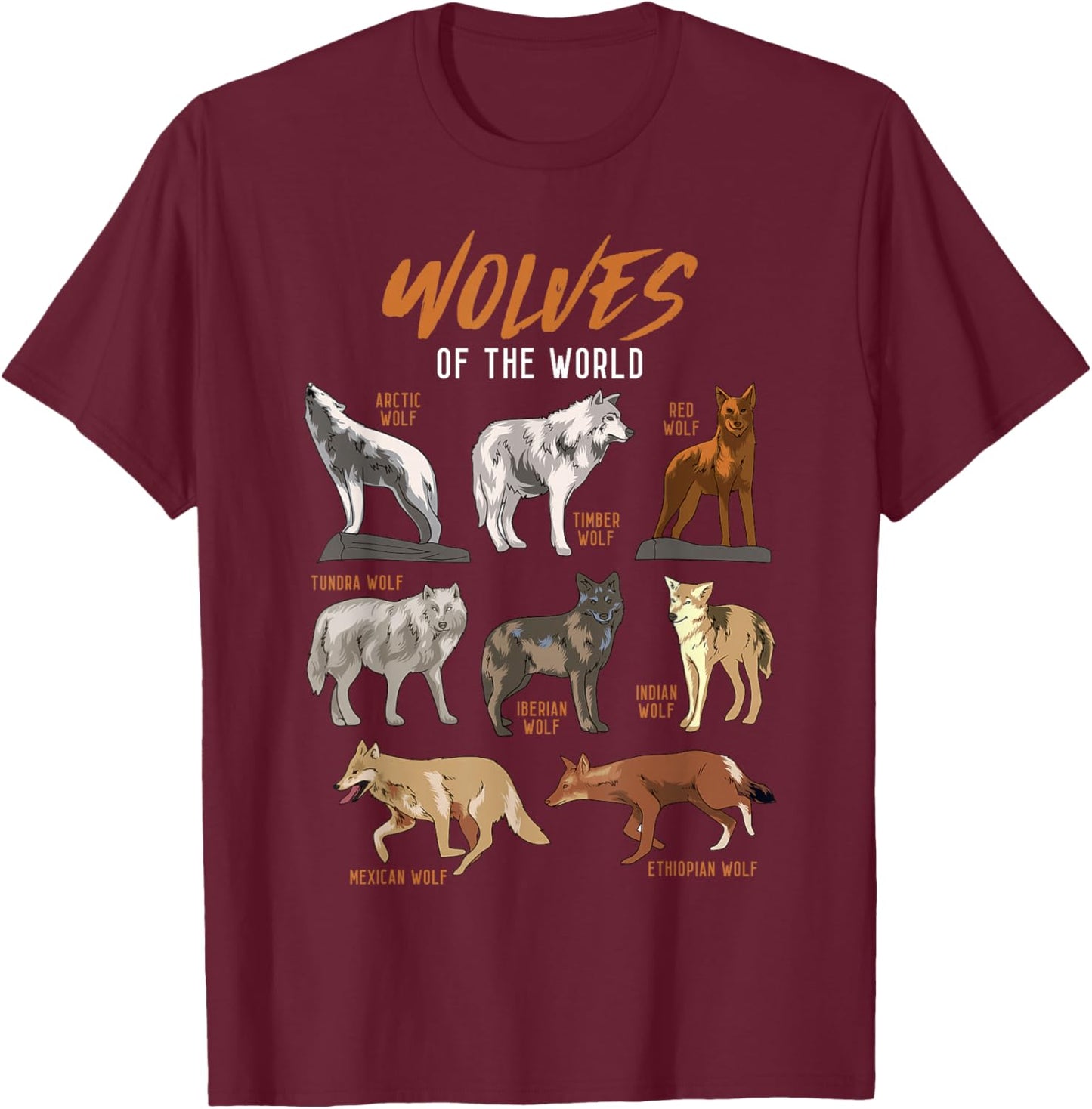 Wolves Animals of The World Wolf Lover Hunter Educational T-Shirt - T-Shirt | Maroon