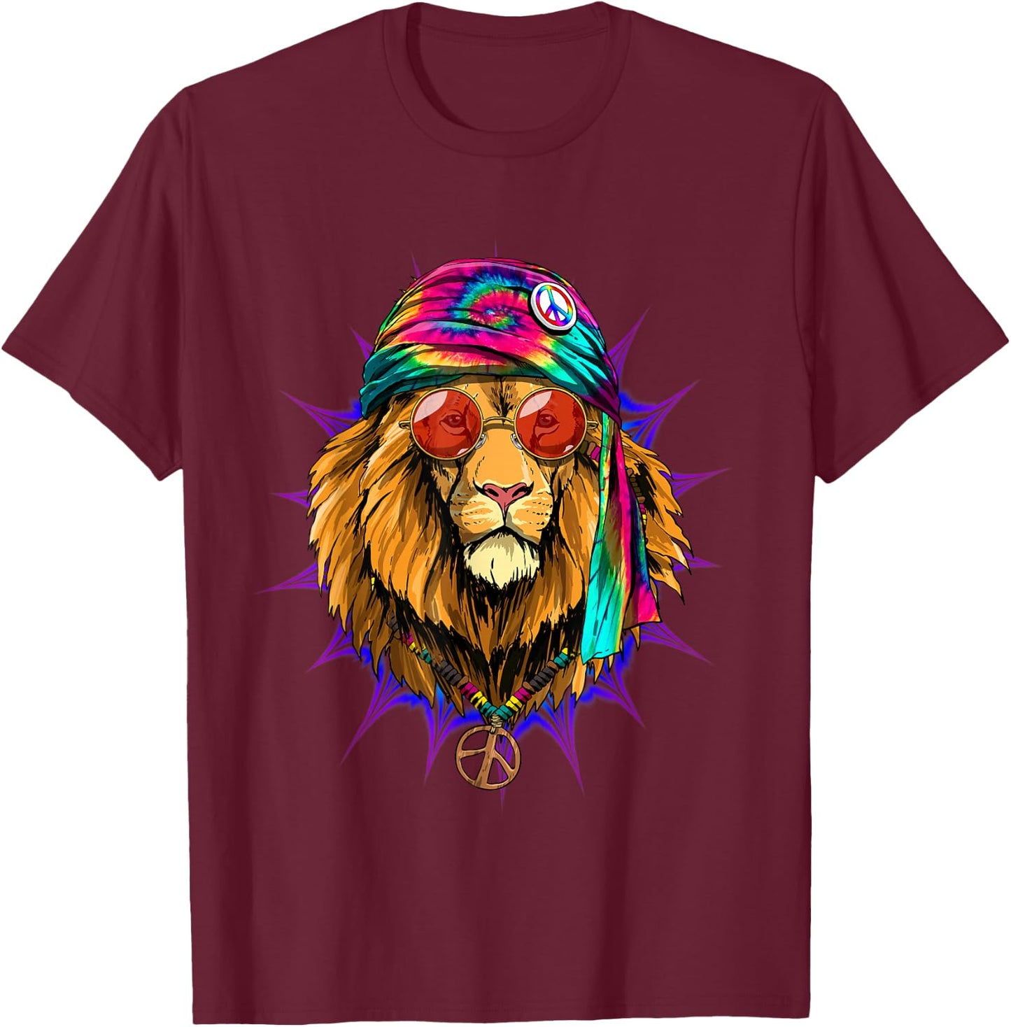 Hippie Lion Tie Dye Peace Sign Psychedelic Animal Lion Lover T-Shirt - T-Shirt | Maroon
