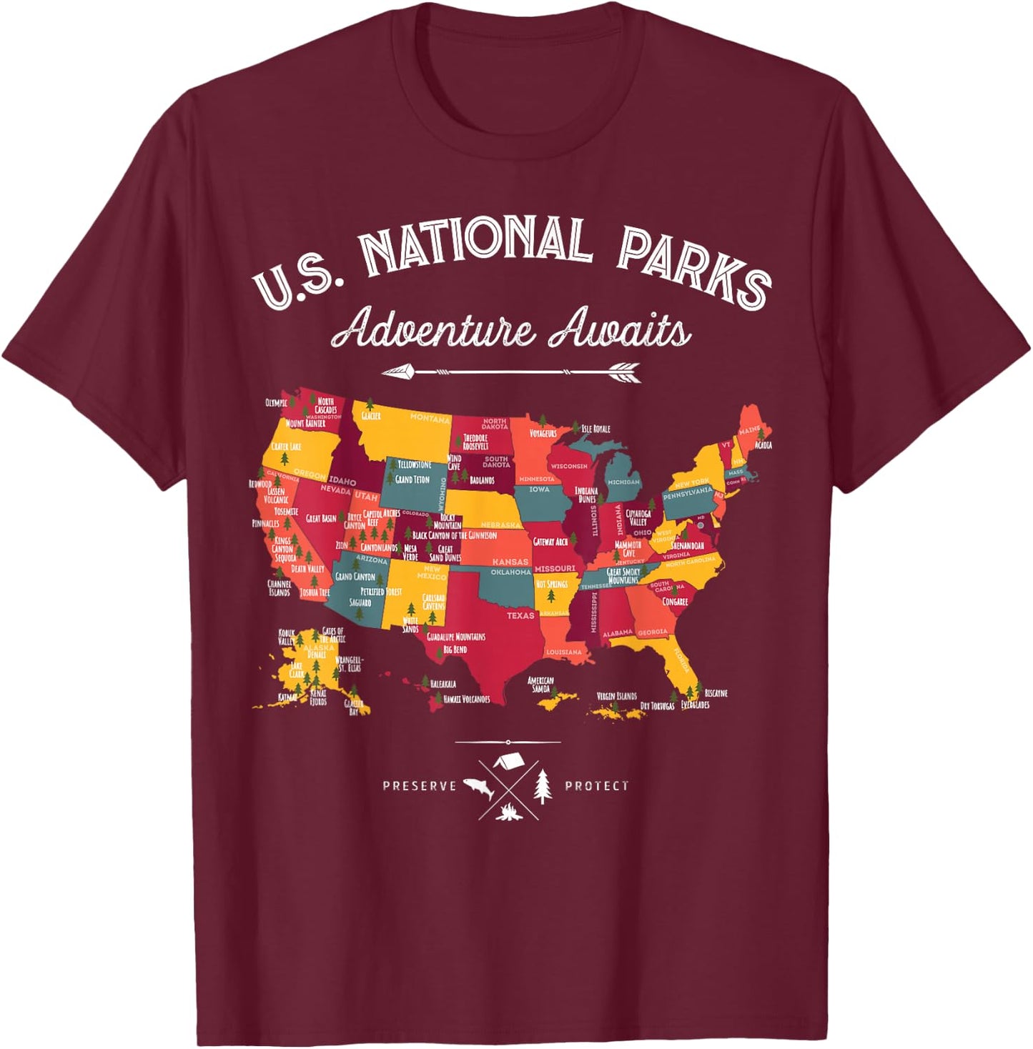 62 National Parks Map Gifts US Park Vintage Camping Hiking T-Shirt - T-Shirt | Maroon