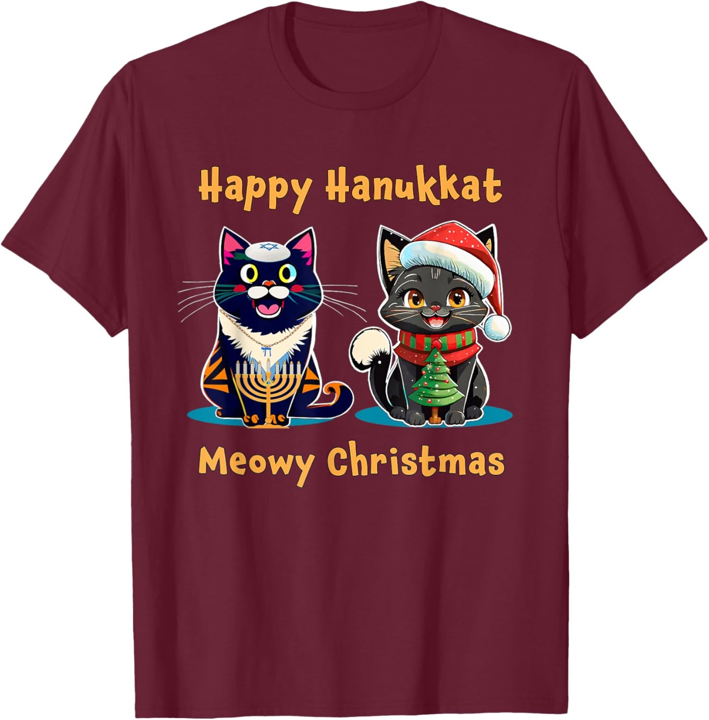 Merry Christmas Happy Hanukkah Jewish Christian Cat Lovers Women Kids T-Shirt - T-Shirt | Maroon
