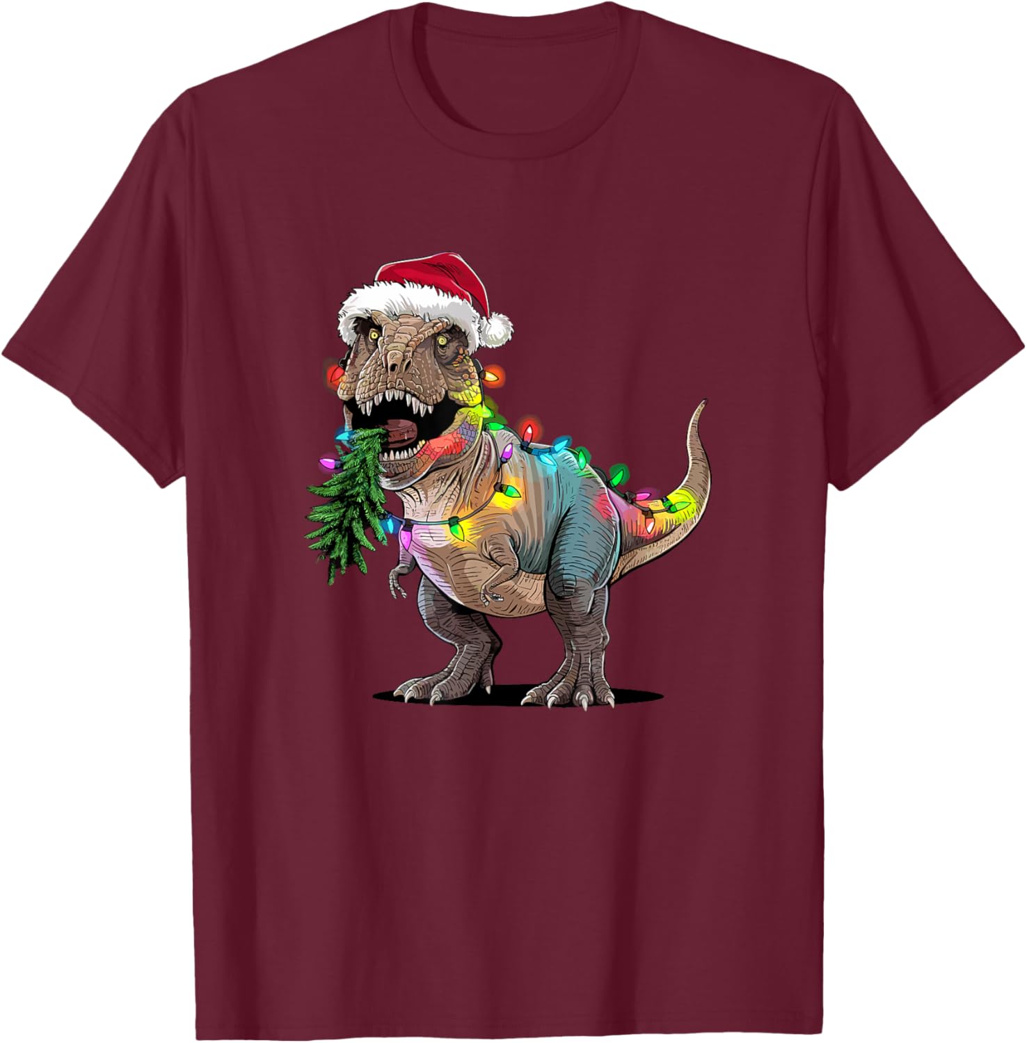 Christmas Tree Lights Santa Hat T-Rex Dinosaur T-Shirt - T-Shirt | Maroon