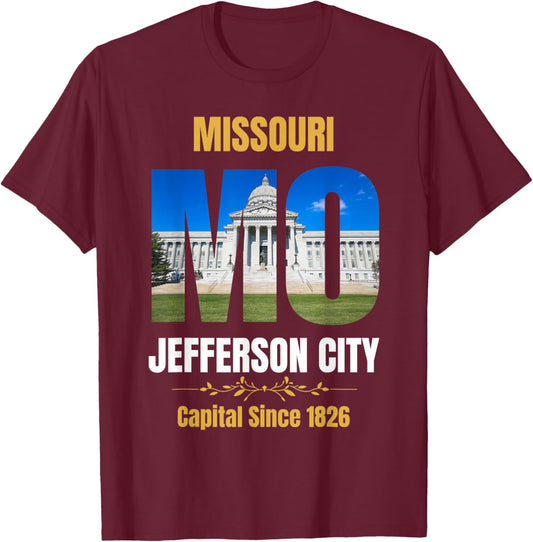 Jefferson City, State Capital of Missouri, Souvenir , -Adults, Black, Small, Short Sleeve T-Shirt - T-Shirt | Maroon