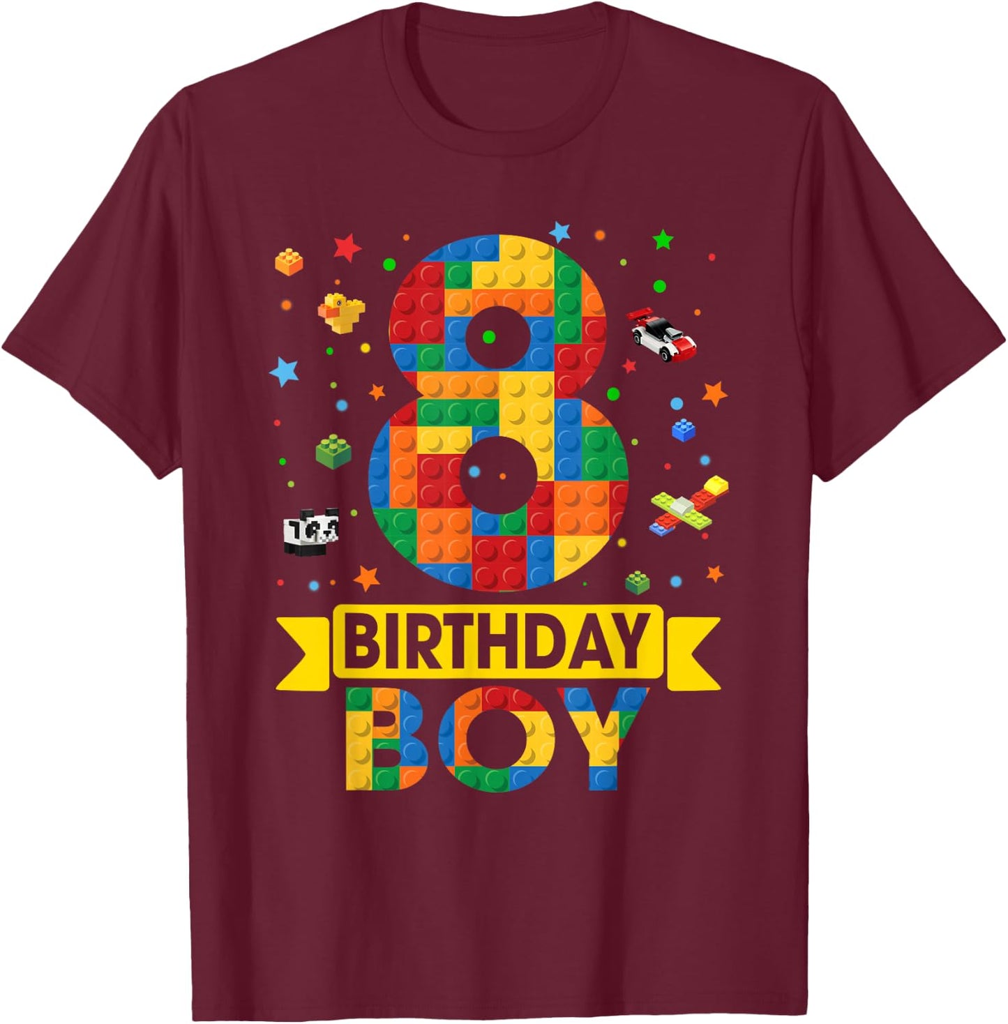 Kids Funny 8 Year Old Building Blocks 8th Birthday Boy T-Shirt - T-Shirt | Maroon