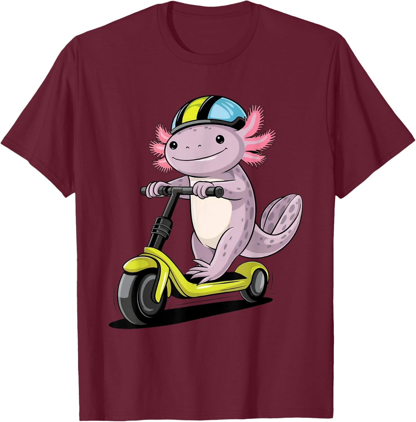 Axolotl Driving Scooter Funny Kawaii Boys Girls Cute Axolotl T-Shirt - T-Shirt | Maroon