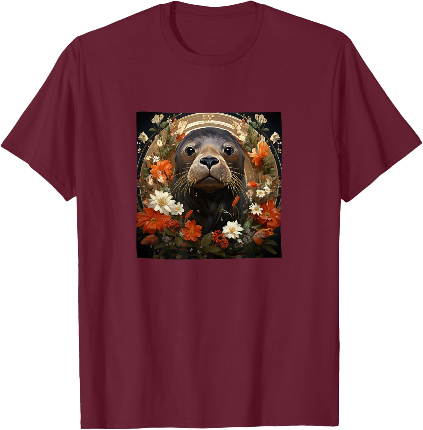 Seal With Flowers Around Boho Style Graphic T-Shirt - T-Shirt | Maroon