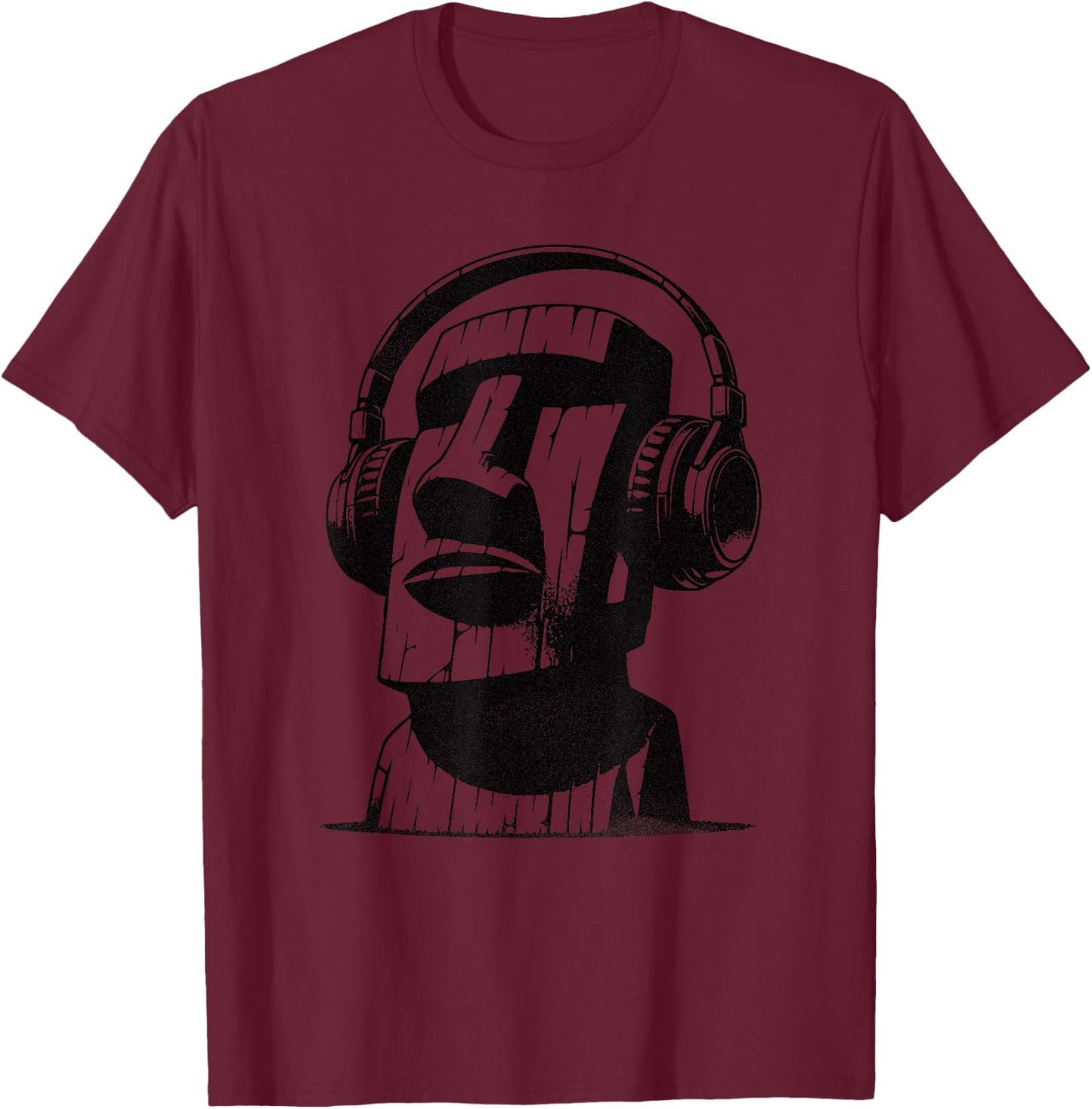 Easter Island Moai with Headphones T-Shirt - T-Shirt | Maroon