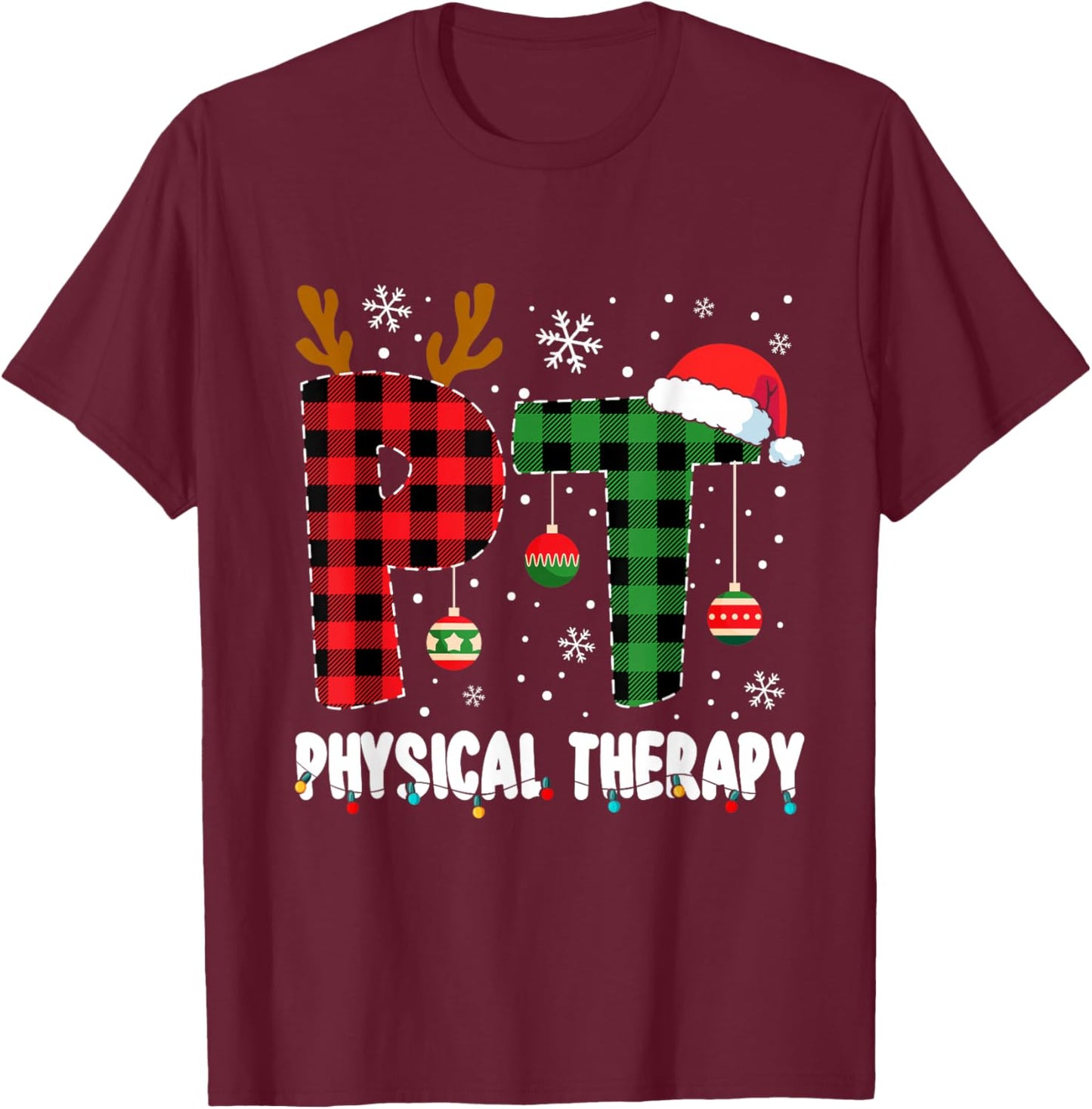 Christmas Physical Therapy Apparel -Adults Black Small Short Sleeve Modern Classic Christmas Physical Therapy Assistant T-Shirt - T-Shirt | Maroon