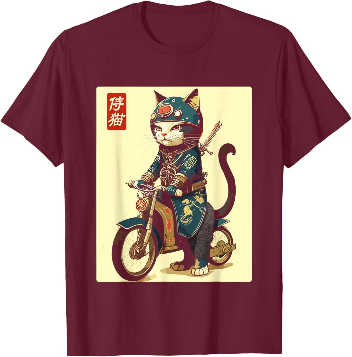 Japanese Samurai Cat on Motorcycle Kawaii Ninja Cat Women Kids T-Shirt - T-Shirt | Maroon