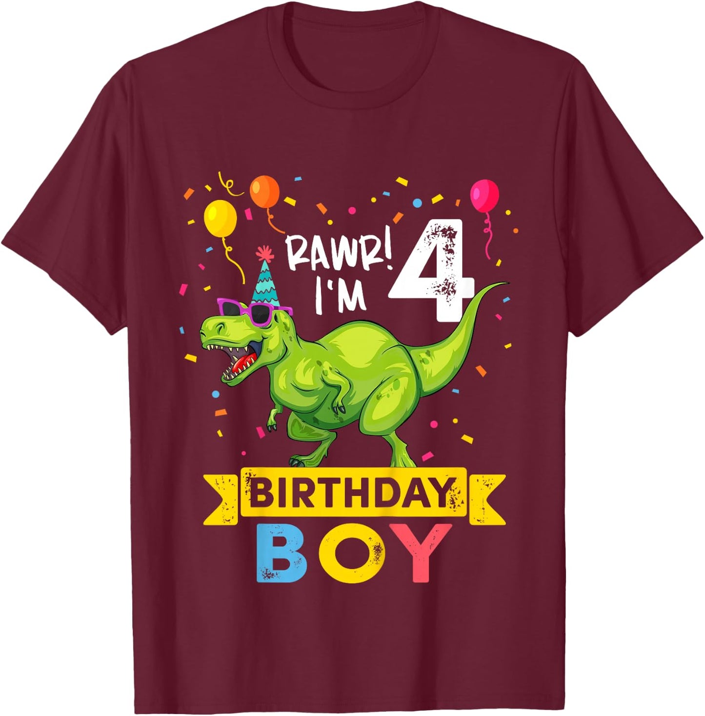 4 Year Old Boy 4th Birthday Boy T Rex Dinosaur T-Shirt - T-Shirt | Maroon