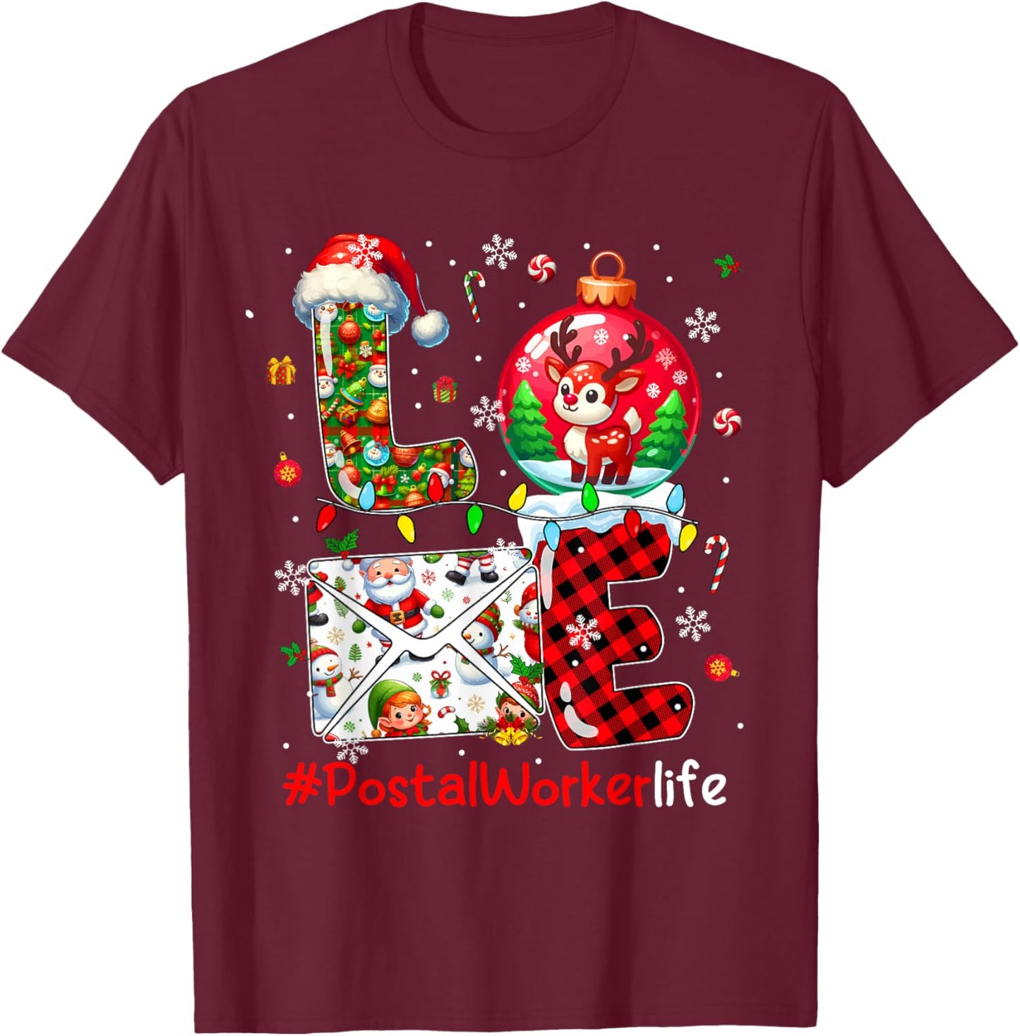 LOVE Postal Worker Christmas Santa Reindeer Matching Team T-Shirt - T-Shirt | Maroon