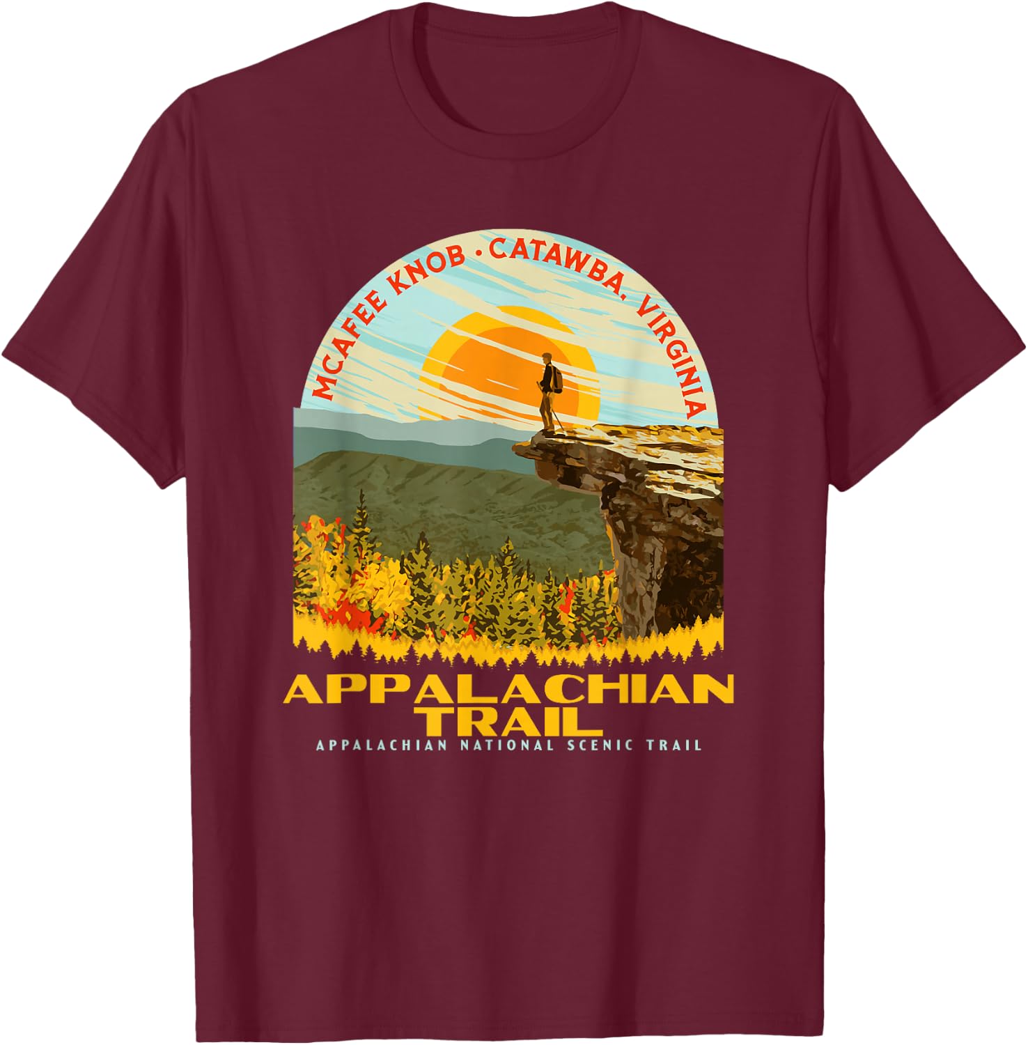 McAfee Knob Overlook Appalachian Trail WPA Style Graphic T-Shirt - T-Shirt | Maroon