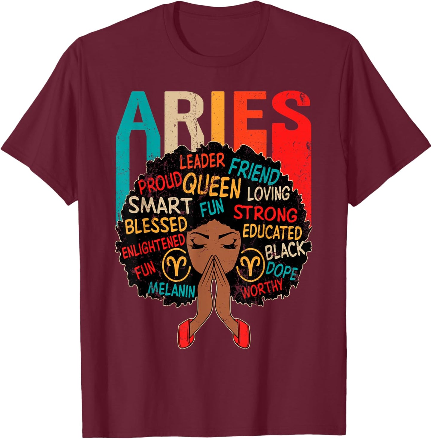 Aries Queen Retro Afro Black Women Zodiac Sign T-Shirt - T-Shirt | Maroon