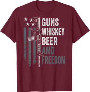 Guns Whisky Beer And Freedom - Funny Drinking Gun (ON BACK) T-Shirt - T-Shirt | Maroon