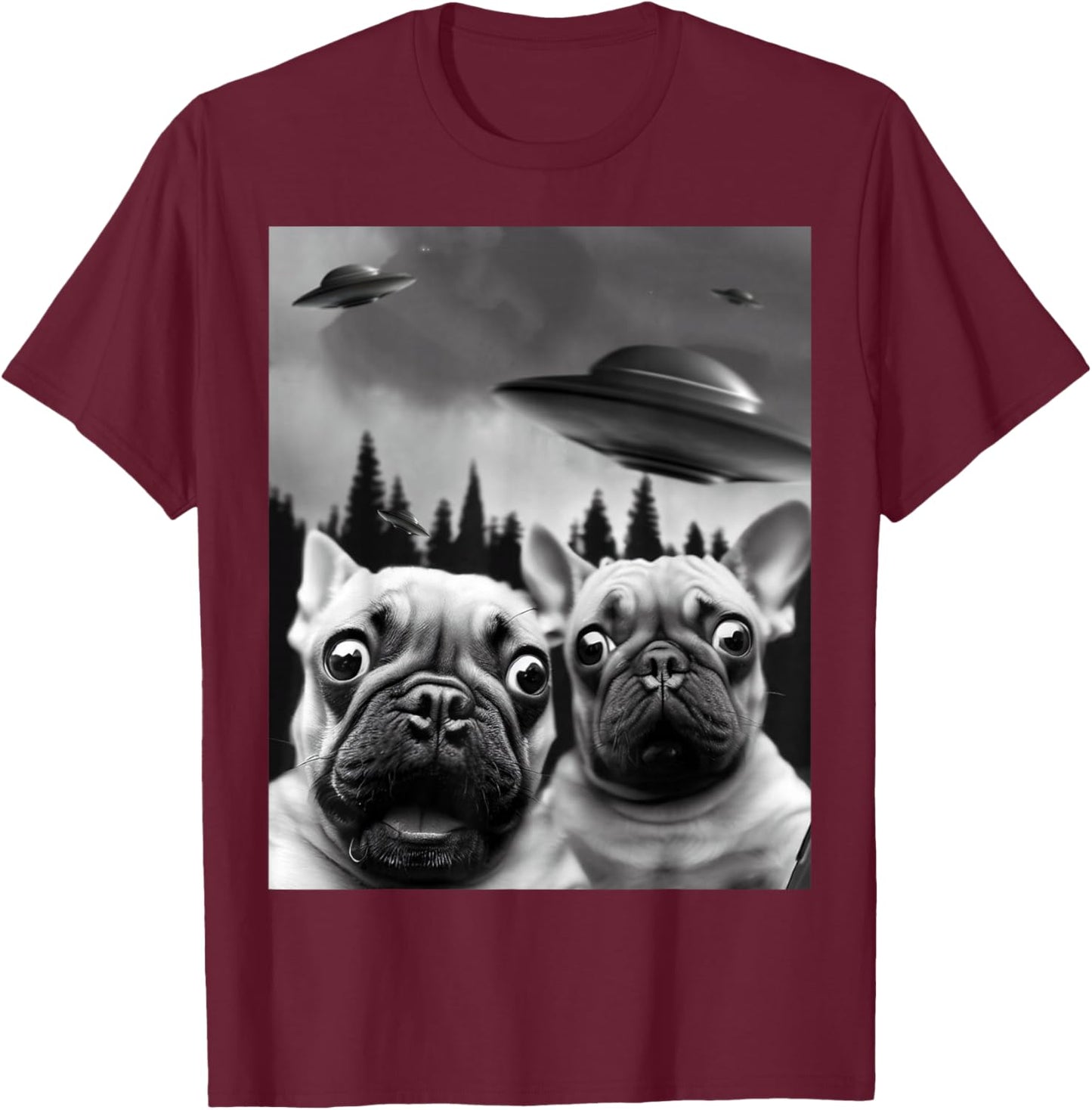 Funny Frenchie UFO Selfie T-Shirt - T-Shirt | Maroon