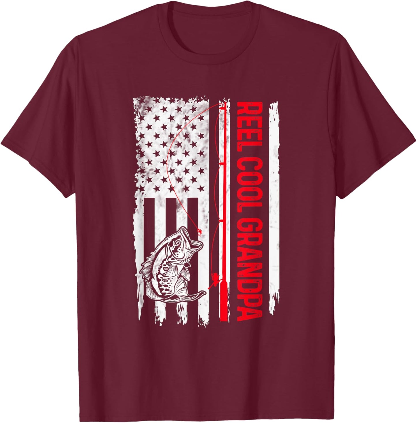 Reel Cool Grandpa Fishing American Flag Funny Papa Dad T-Shirt - T-Shirt | Maroon