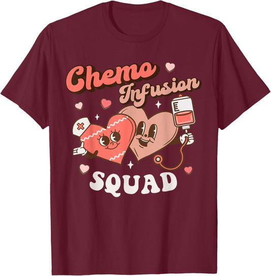 Chemo Infusion Nurse Groovy Valentine's Day Oncology Squad T-Shirt - T-Shirt | Maroon
