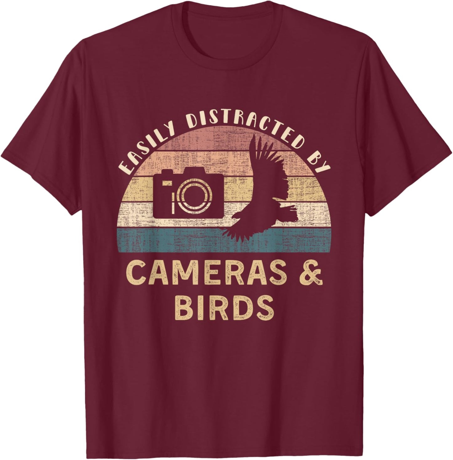 Easily Distracted By Cameras Birds Retro Funny Photographer T-Shirt - T-Shirt | Maroon
