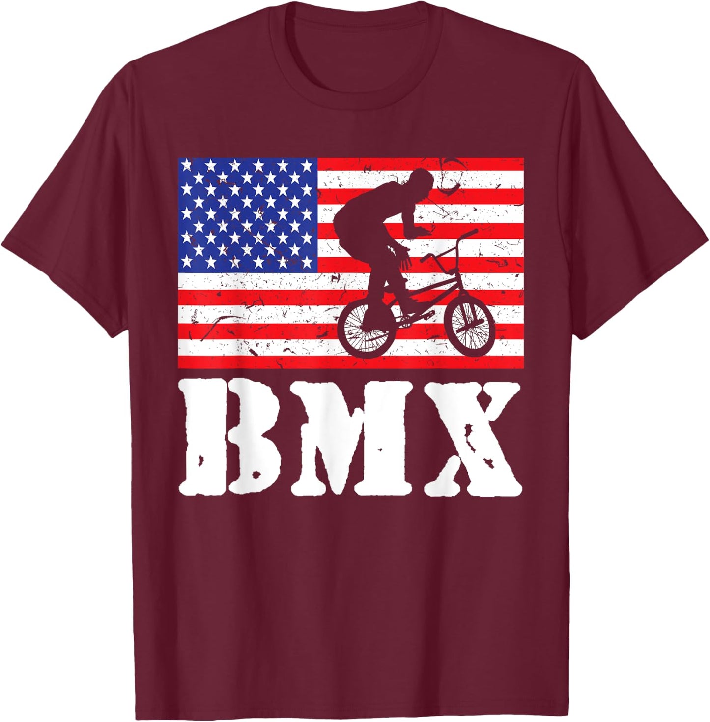 Distressed BMX Riding USA American Flag Vintage Bike Rider Women Kids Men T-Shirt - T-Shirt | Maroon