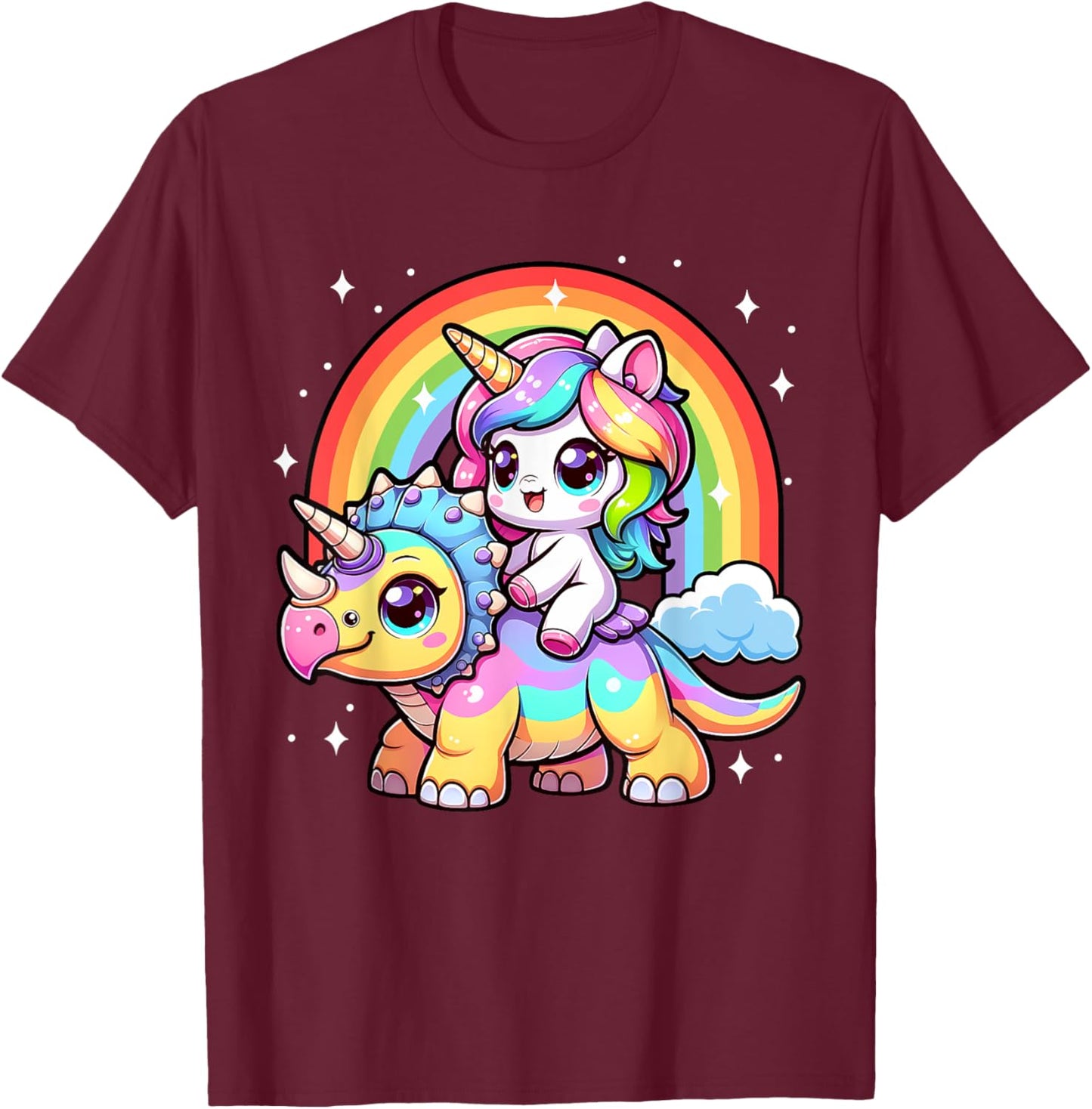 Cute Unicorn Riding Dinosaur Triceratops Girls Kids Rainbow T-Shirt - T-Shirt | Maroon