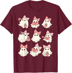 Pink Coquette Bow Cute Ghost Halloween Spooky Season T-Shirt - T-Shirt | Maroon