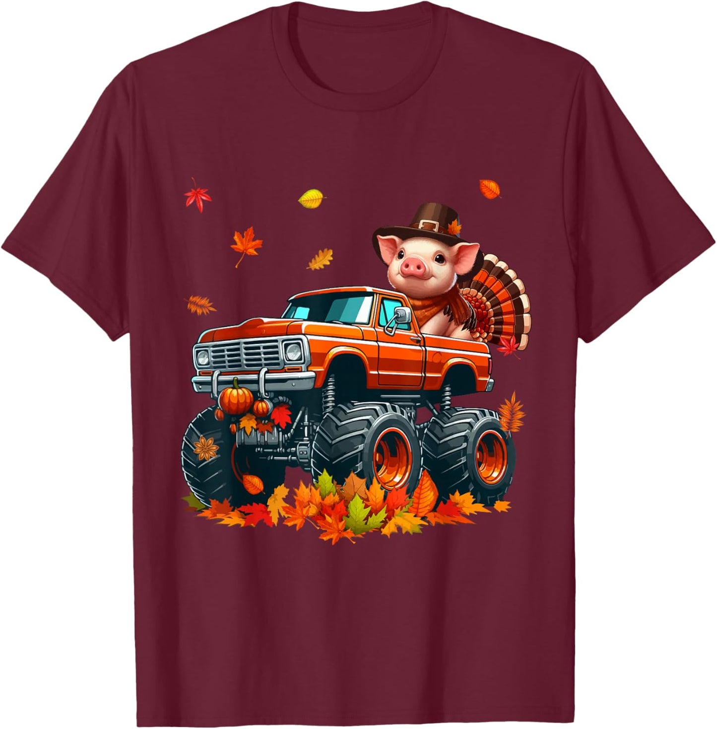 Pig Cosplay Turkey On Monster Truck Thanksgiving Farmer T-Shirt - T-Shirt | Maroon