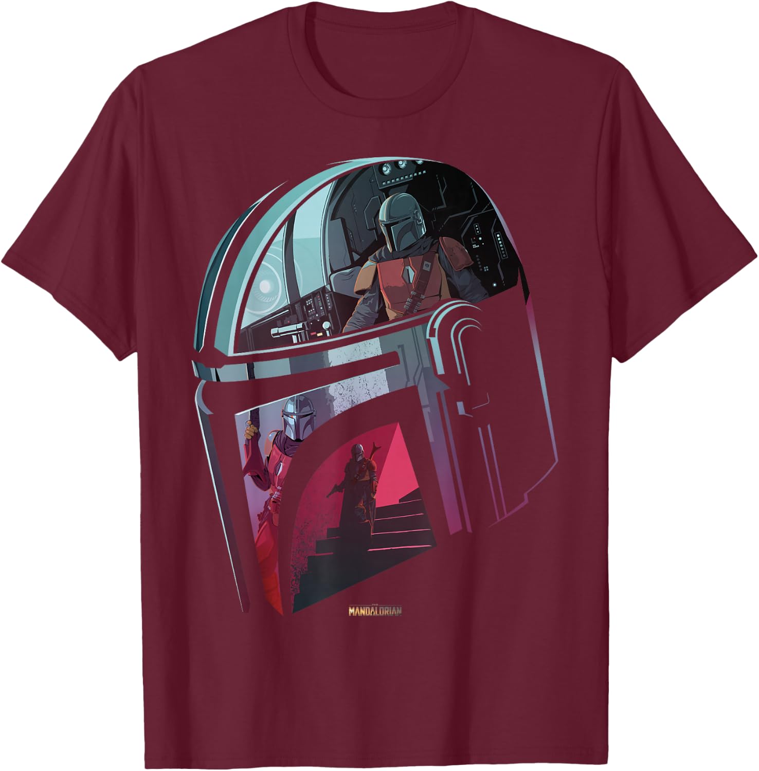 Star Wars The Mandalorian Helmet Scene Fill T-Shirt - T-Shirt | Maroon
