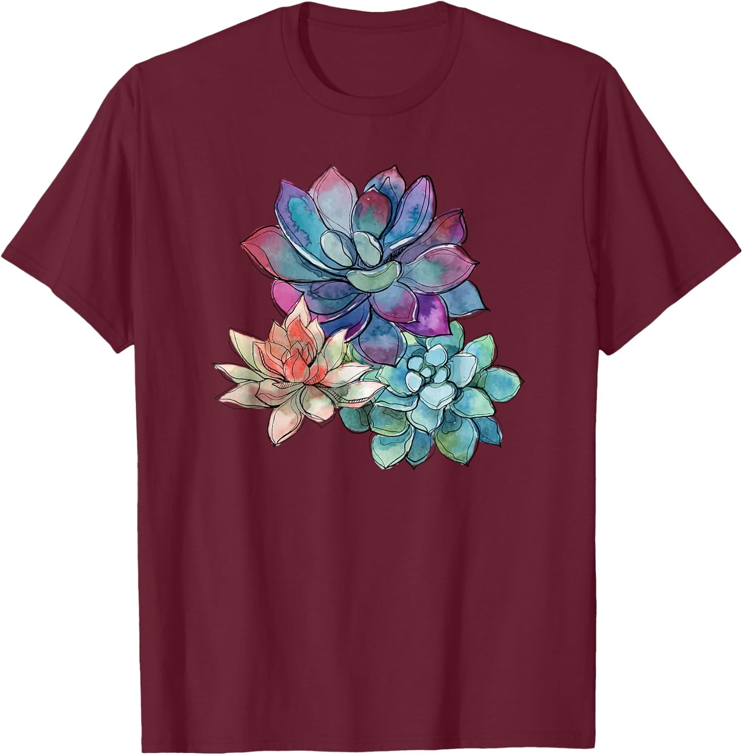 Succulent Beautiful Watercolor Succulents Plants T-Shirt - T-Shirt | Maroon