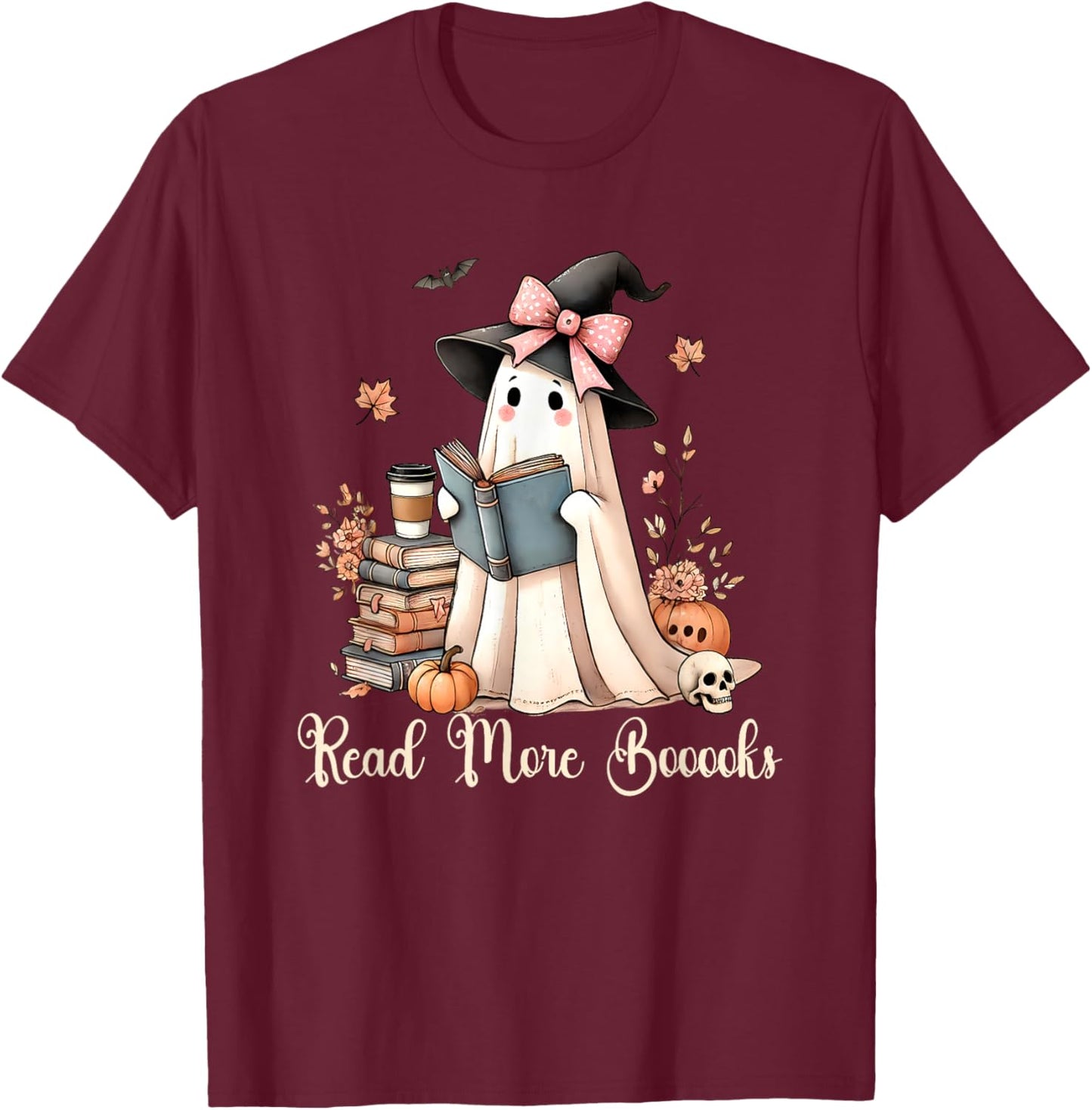 Ghost Reading Book Coquette Bow Halloween Girl Kid Teacher T-Shirt - T-Shirt | Maroon