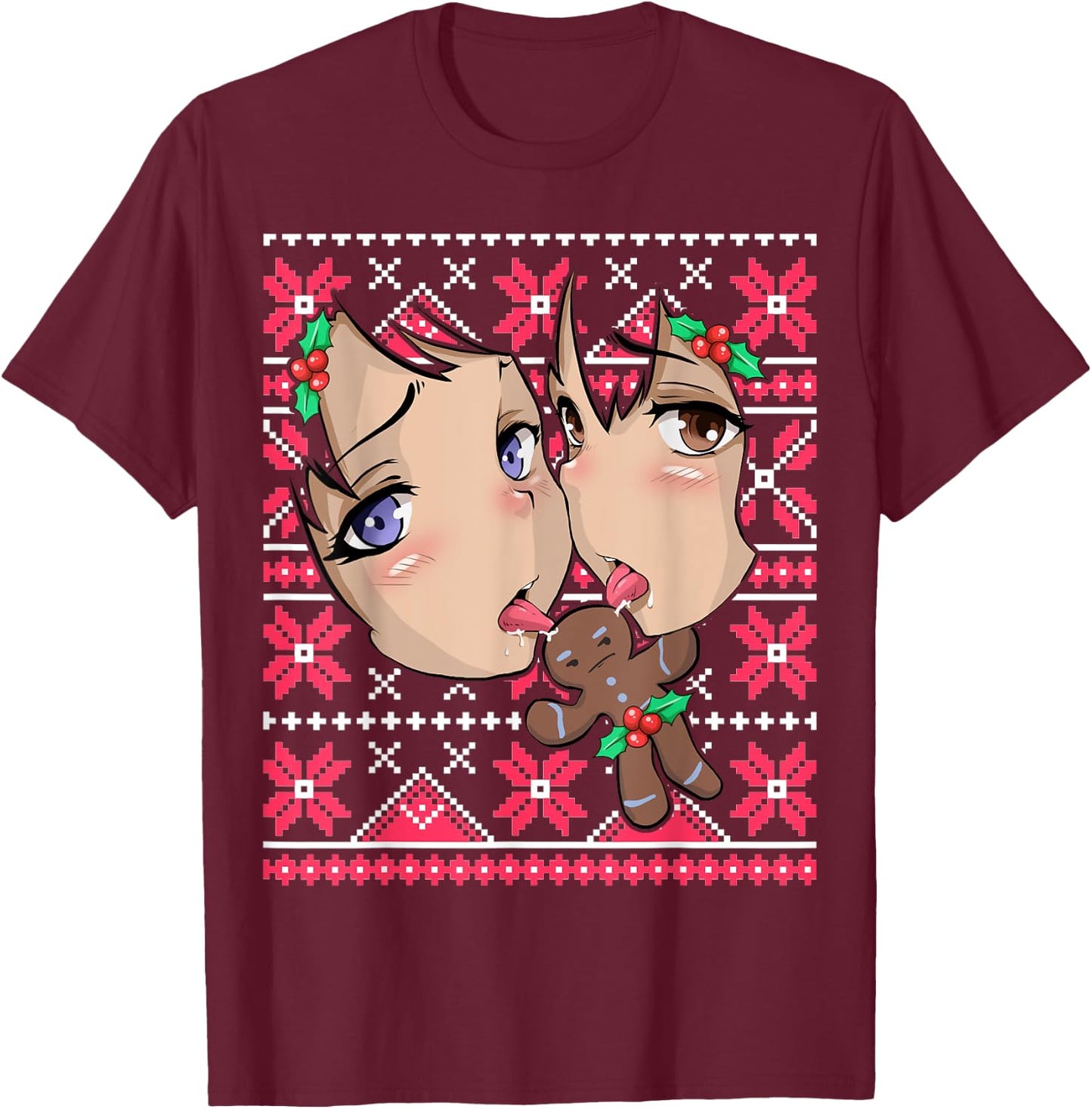 Ugly Christmas Otaku Ahegao Ecchi Etchi Lewd Hentai Kawaii T-Shirt - T-Shirt | Maroon