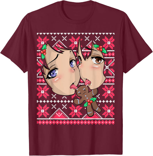 Ugly Christmas Otaku Ahegao Ecchi Etchi Lewd Hentai Kawaii T-Shirt - T-Shirt | Maroon