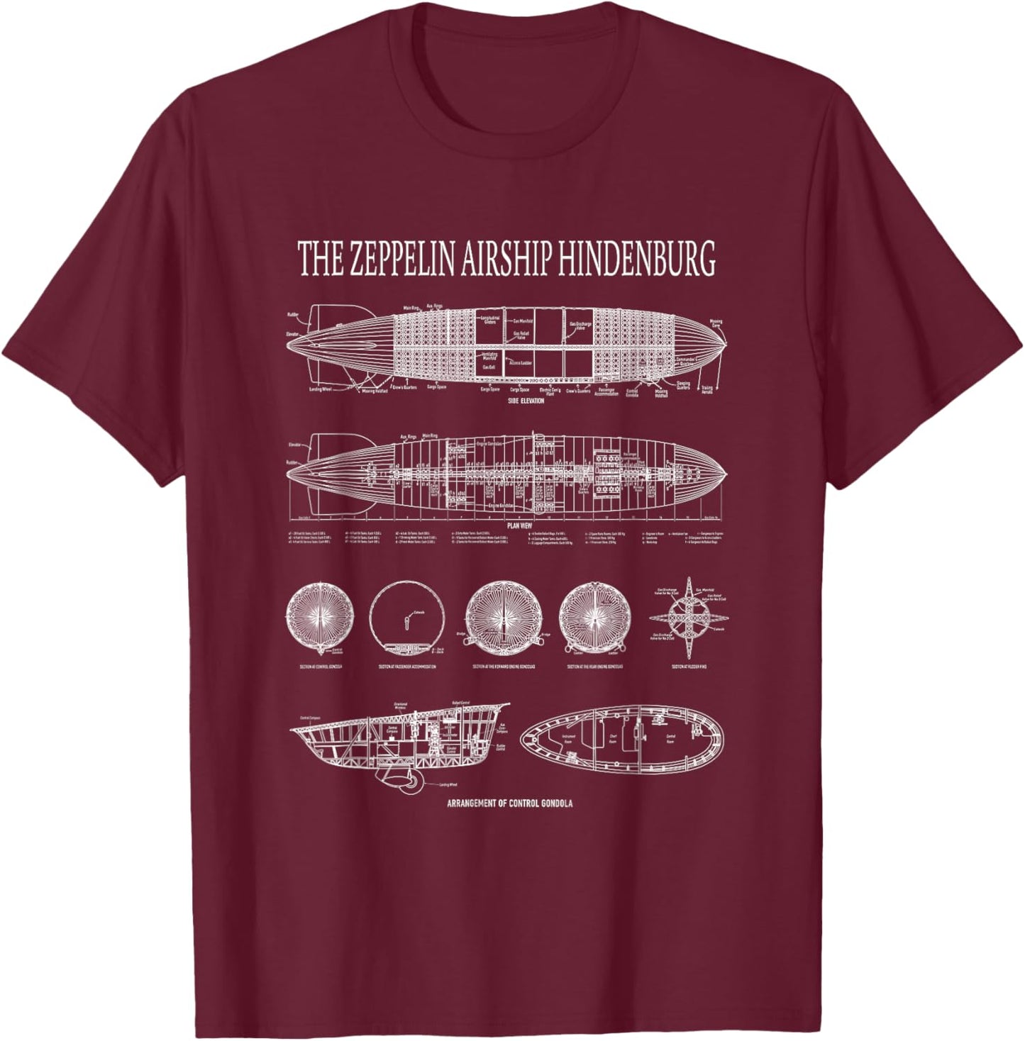 Hindenburg German Zeppelin Airship Blueprints T-Shirt - T-Shirt | Maroon