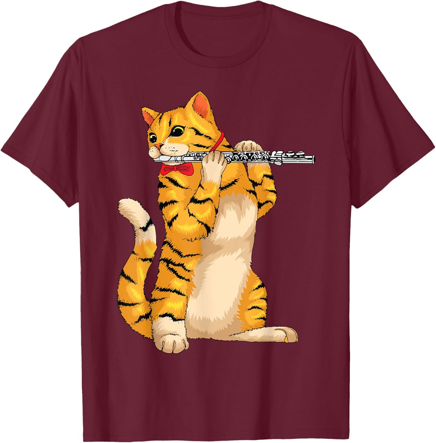 Funny Cat Playing Flute | Cool Animal Musician Fluter Gift T-Shirt - T-Shirt | Maroon