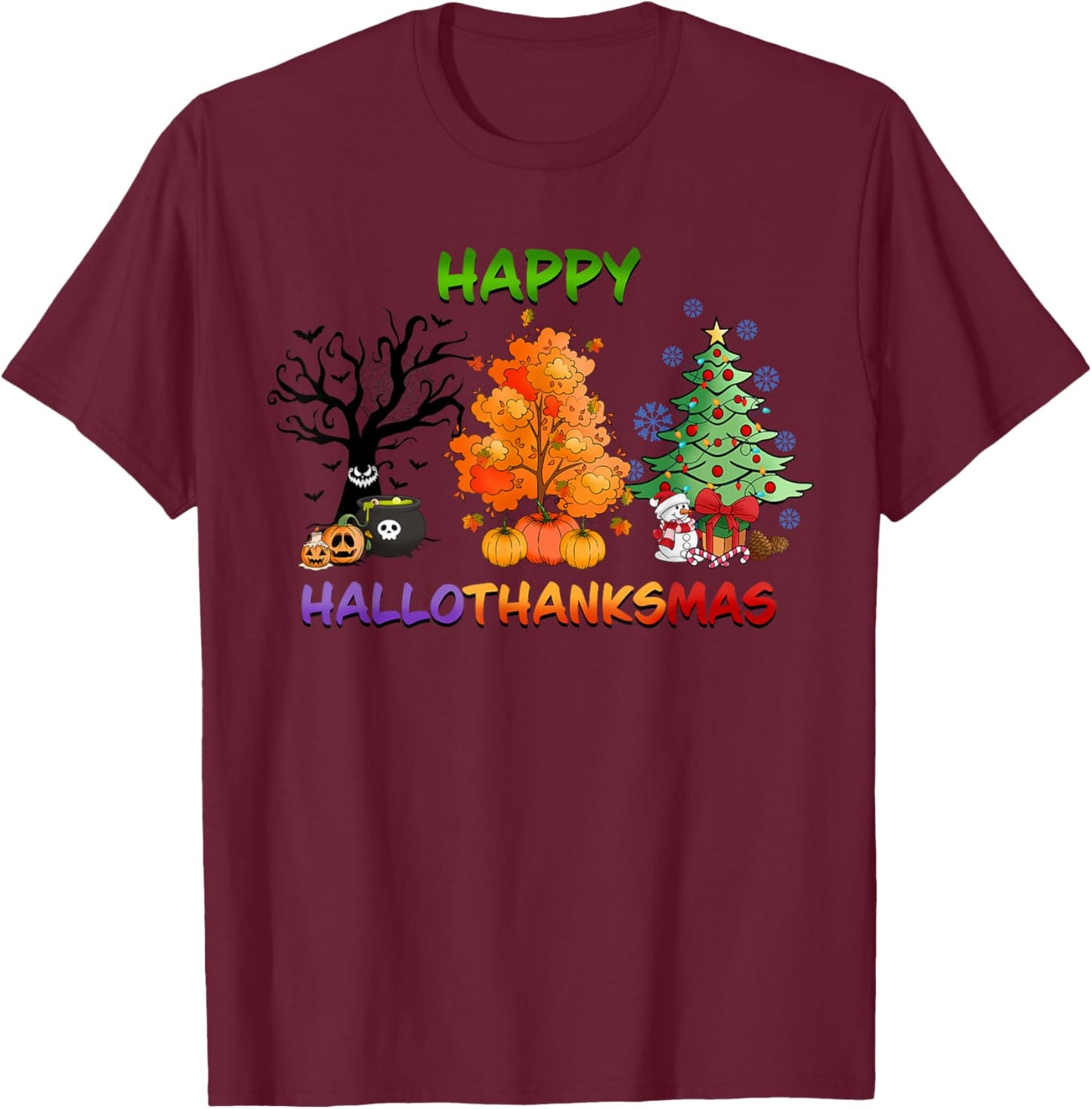 Happy HalloThanksMas holidays design T-Shirt - T-Shirt | Maroon