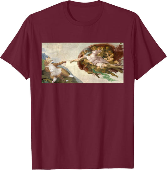 Funny Cat God Creation of Adam Art Michelangelo Jesus Art Women Kids T-Shirt - T-Shirt | Maroon
