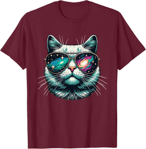 Cat Space Galaxy Sunglasses Cats Women Girls Kids T-Shirt - T-Shirt | Maroon
