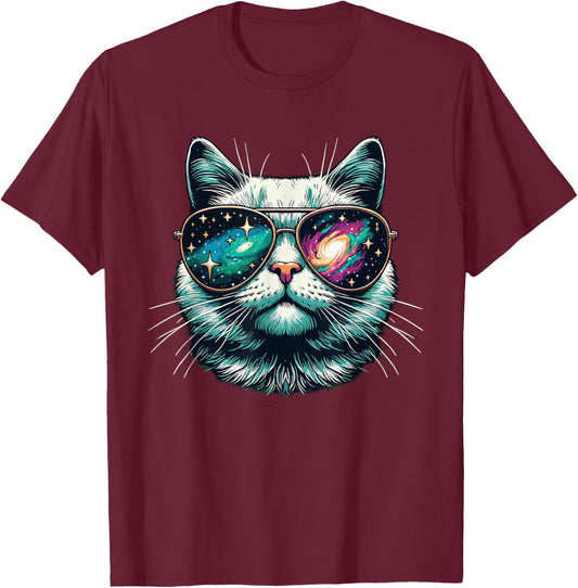 Cat Space Galaxy Sunglasses Cats Women Girls Kids T-Shirt - T-Shirt | Maroon