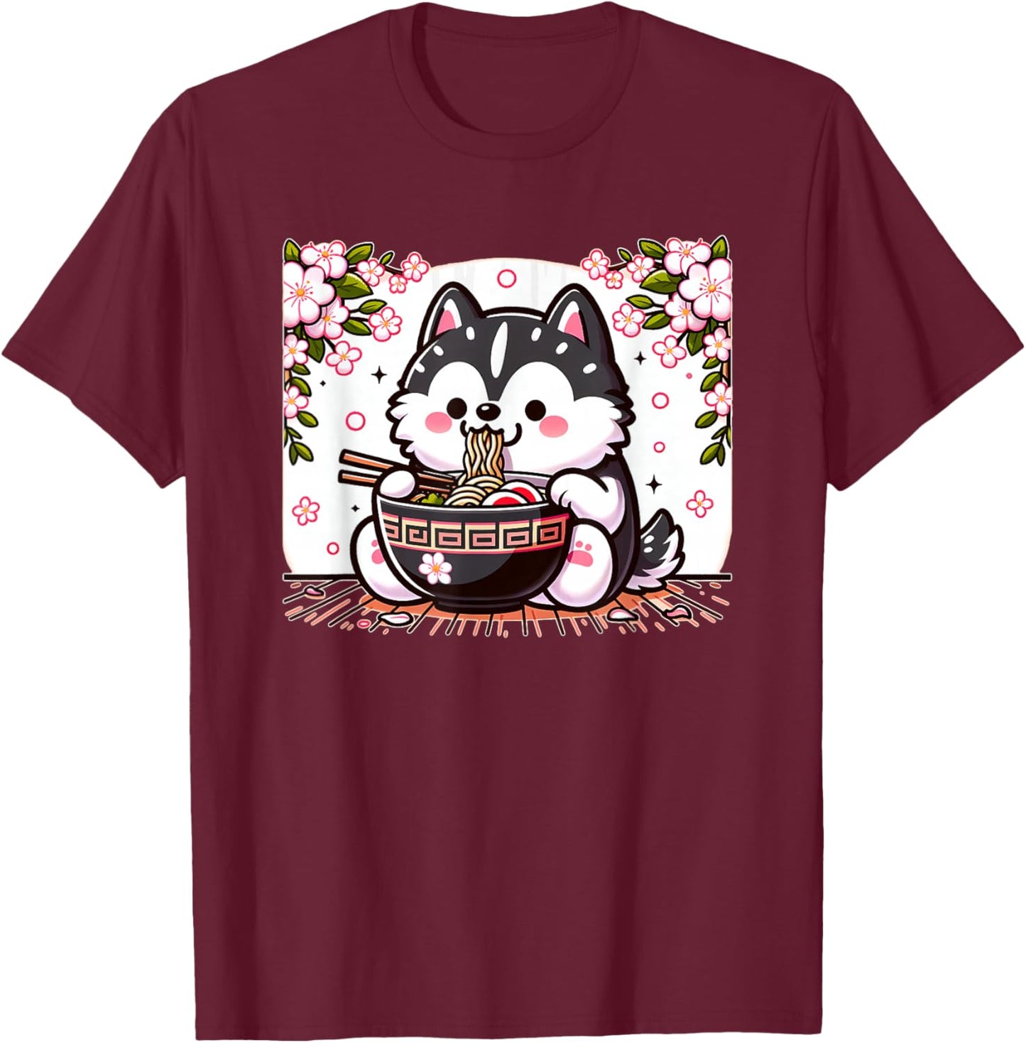 Kawaii Husky dog Eating Ramen T-Shirt - T-Shirt | Maroon