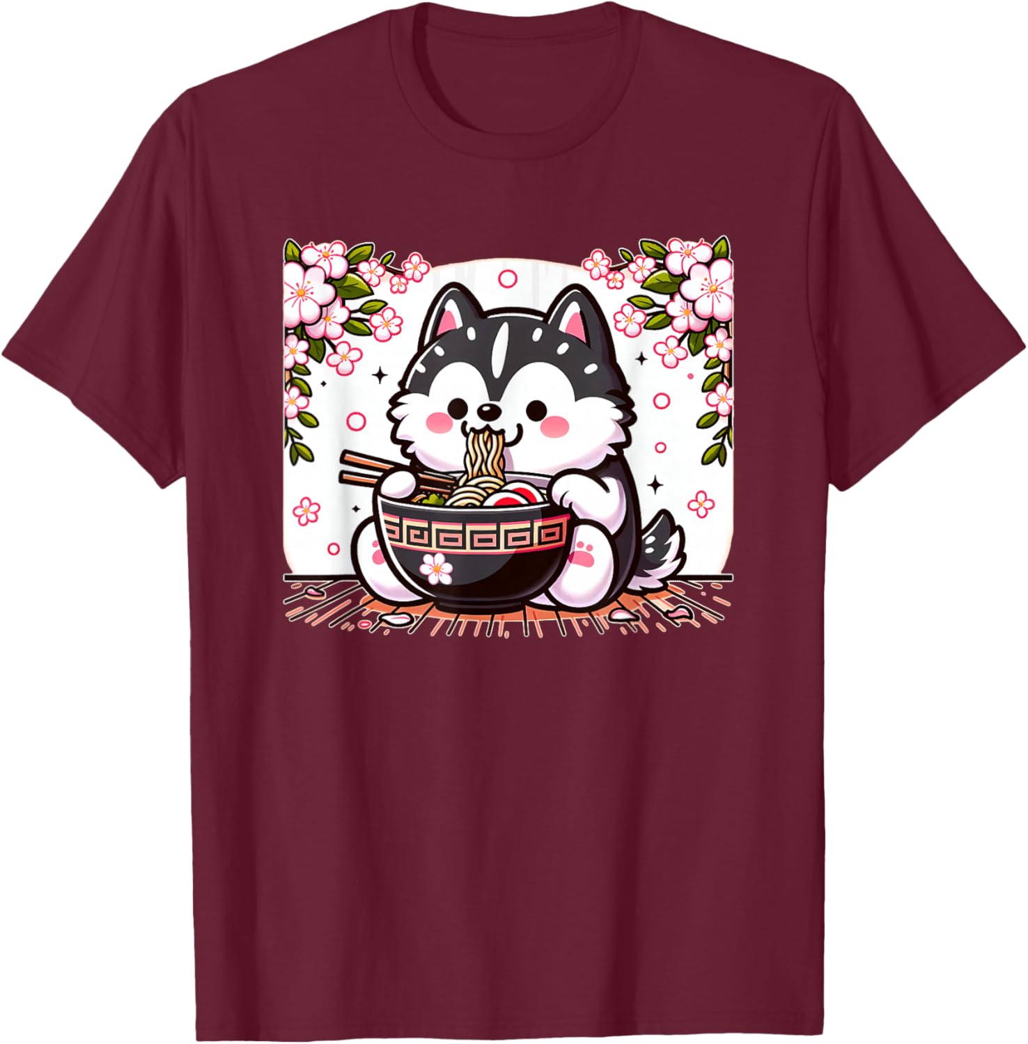 Kawaii Husky dog Eating Ramen T-Shirt - T-Shirt | Maroon