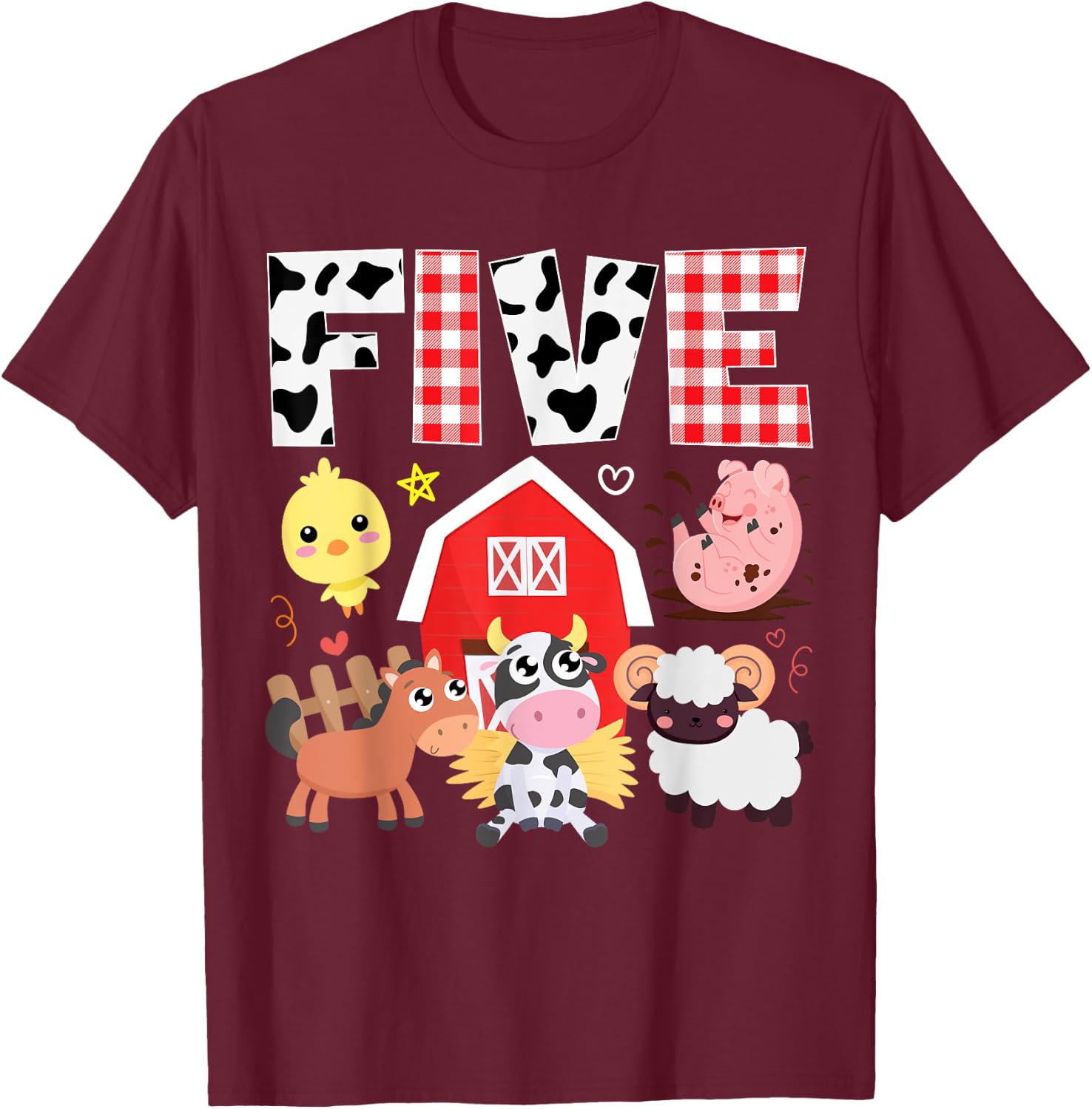 5th Birthday Five Year Old Farm Theme Animals Birthday Party T-Shirt - T-Shirt | Maroon