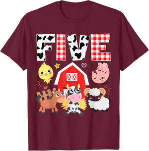 5th Birthday Five Year Old Farm Theme Animals Birthday Party T-Shirt - T-Shirt | Maroon